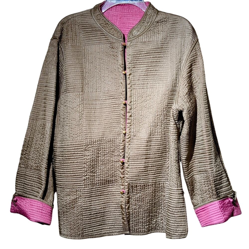 SAM HILU Tan & Pink Reversible Lightweight Quilted Jacket 100% Silk Womens Sz M